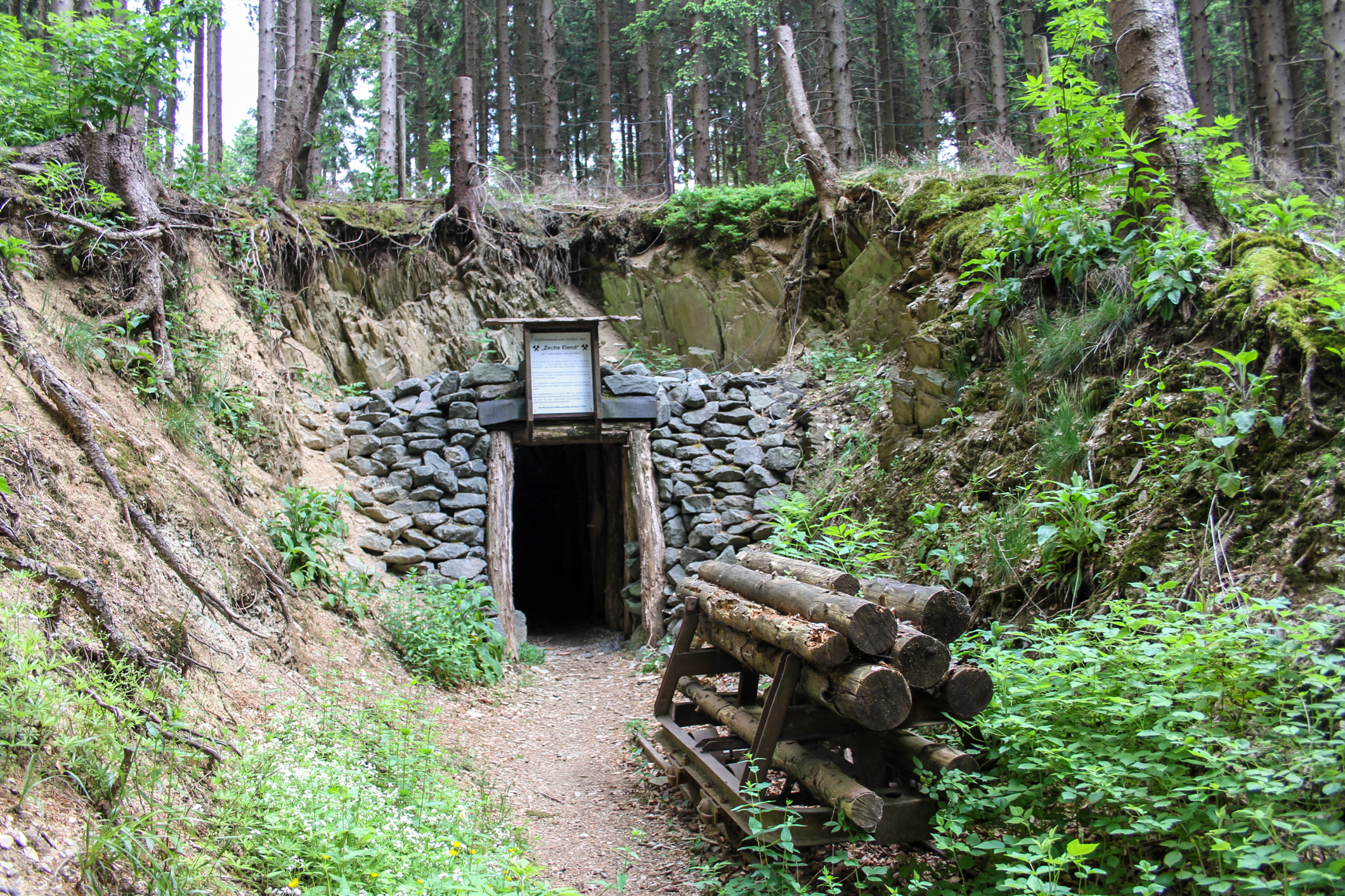 Ein Stolleneingang mit Holz und großen Steinen verkleidet, umgeben von Bäumen und Sträuchern.