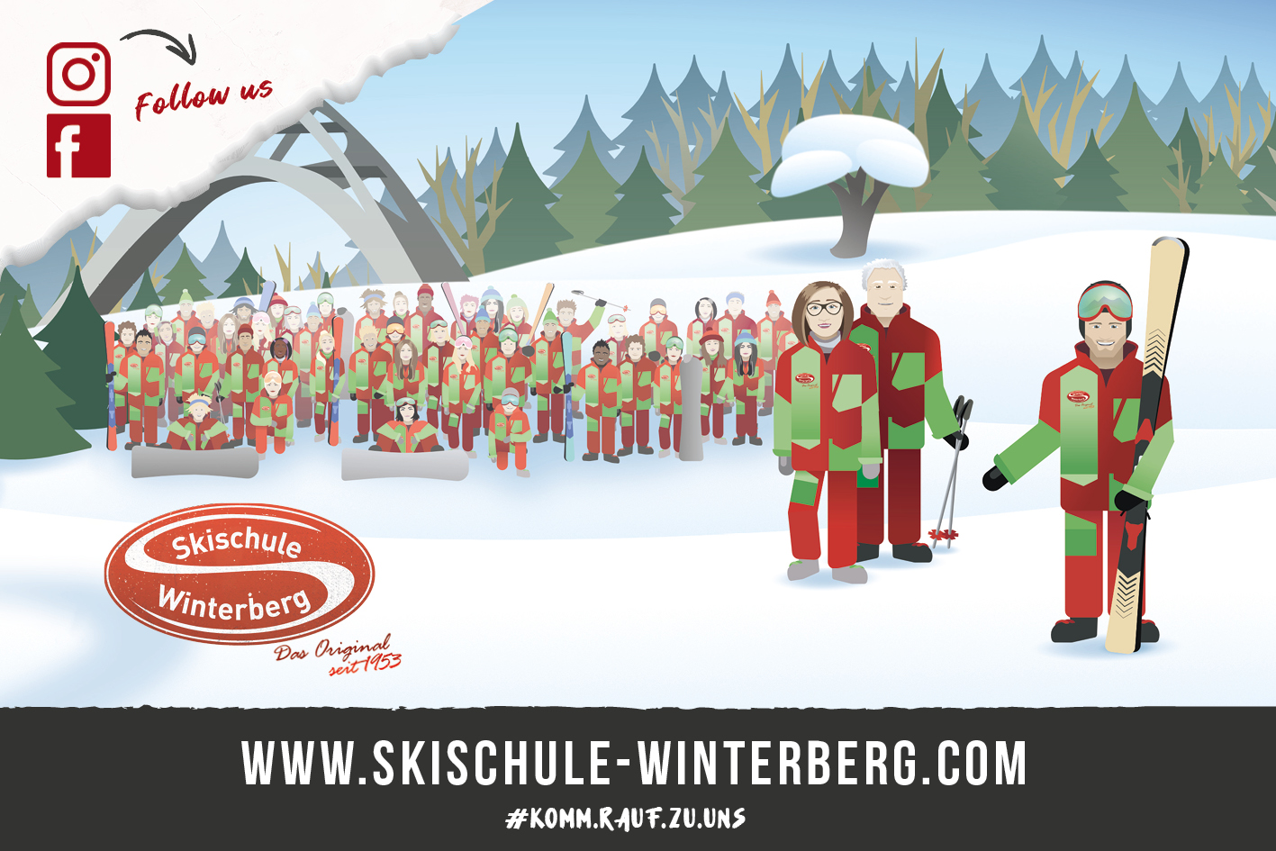 ClipArt einer Gruppe Skilehrer mit Skischülern, der St. Georg Sprungschanze im Hintergrund und der Aufschrift www.skischule-winterberg.com ClipArt einer Gruppe Skilehrer mit Skischülern, der St. Georg Sprungschanze im Hintergrund und der Aufschrift www.skischule-winterberg.com